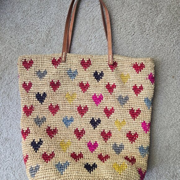 Mar Y Sol Amelie Tote Crocheted Raffia Bag Multicolour Hearts - Picture 1 of 5